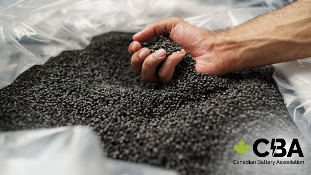 Black plastic pellets used in the recycling and remanufacturing of batteries.